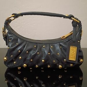 Badgley Mischka Black Leather Studded Handbag with Gold Accents